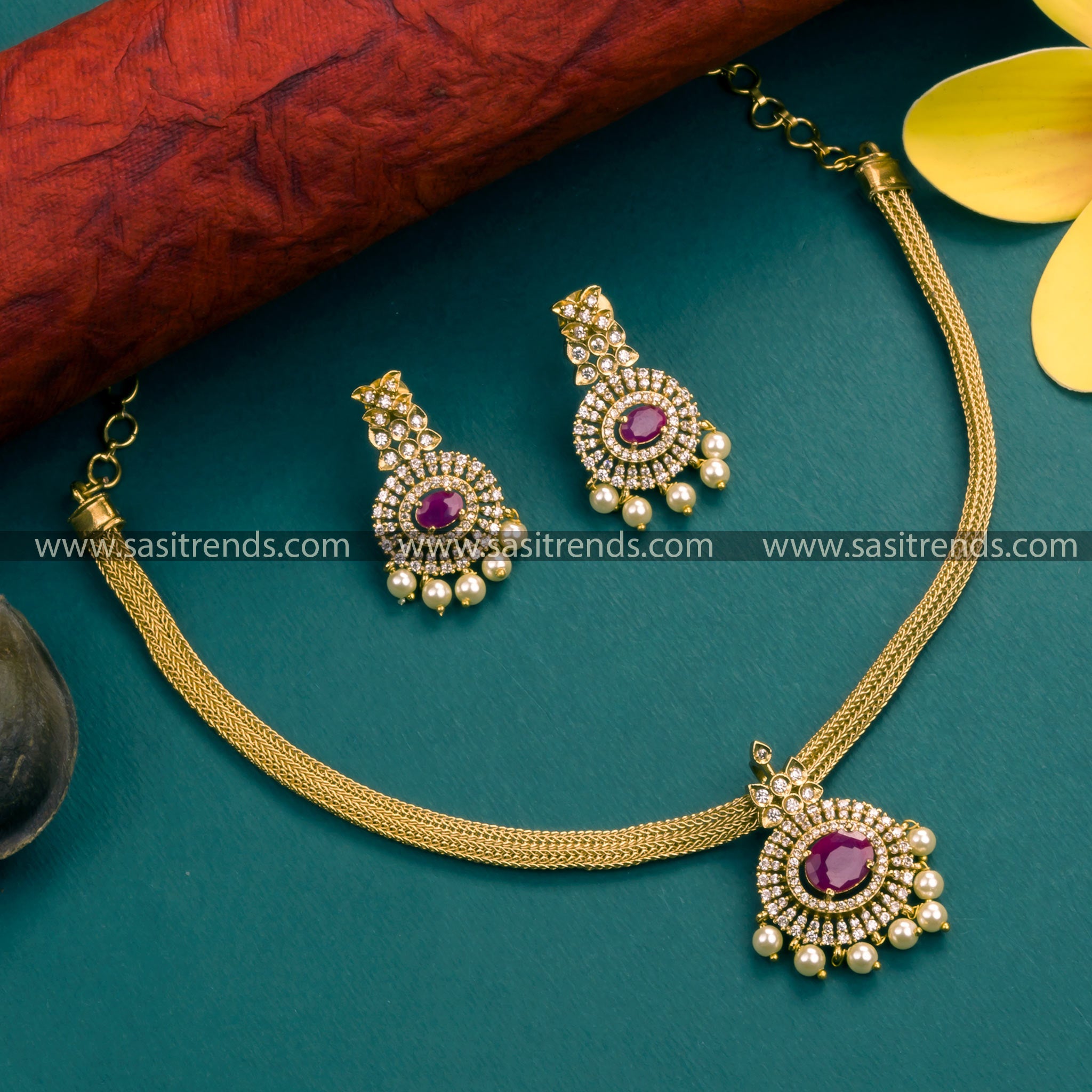 Traditional Stylish Choker: Matte Gold Plated Necklace with Ruby Stone Floral Pendant & Pearl Drops