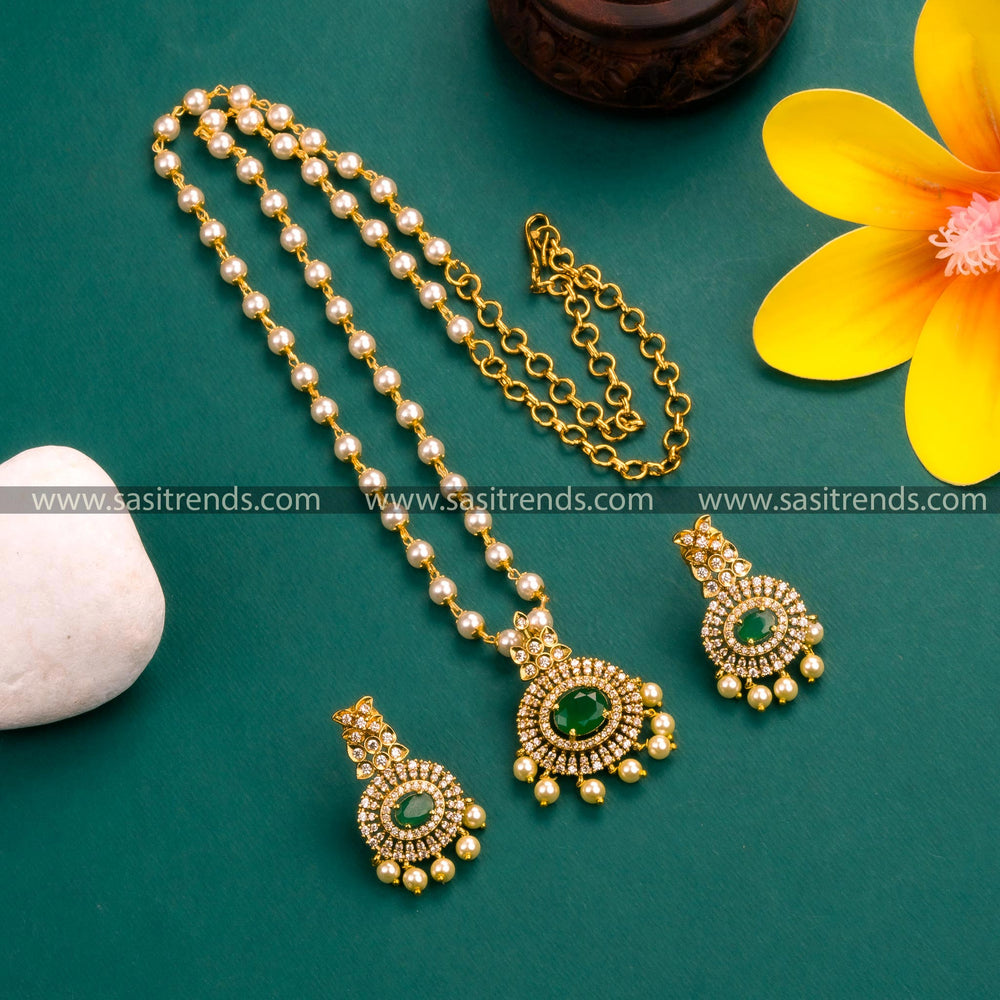 Matte Gold Plated Pendant Pearl Necklace Set with Green Stones - Elegant Design, American Diamond