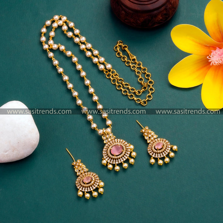 Matte Gold Plated Pendant Pearl Necklace Set with Pink Stones and Hanging Pearls - Latest Collection