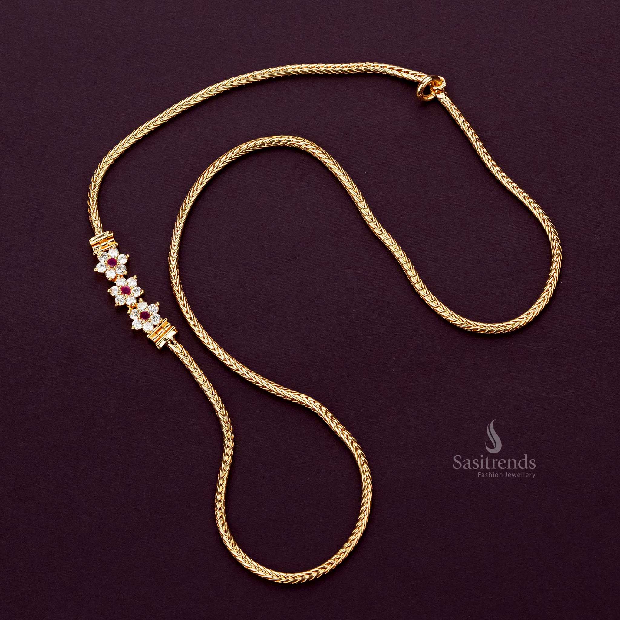 Charming mugappu chain featuring white and ruby AD stone flowers in a micro gold-plated setting - Sasitrends