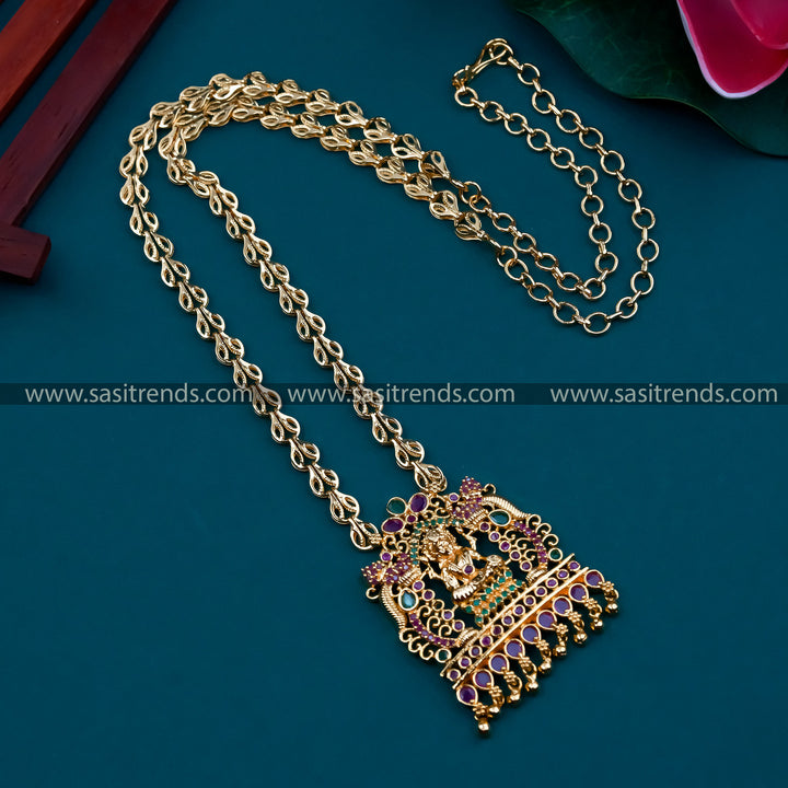 Latest Traditional Micro Gold Plated Long Necklace with Lakshmi Pendant & AD Stones - Sasitrends