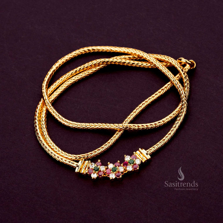 Three-flower mugappu chain featuring ruby, green, and white AD stones, micro gold-plated for elegance - Sasitrends