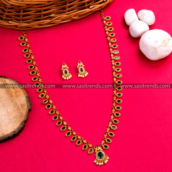 The Palakka Mala Jewellery Necklace Set - Traditional Gold Plated Jewel for Traditional Indian Attire - Sasitrends