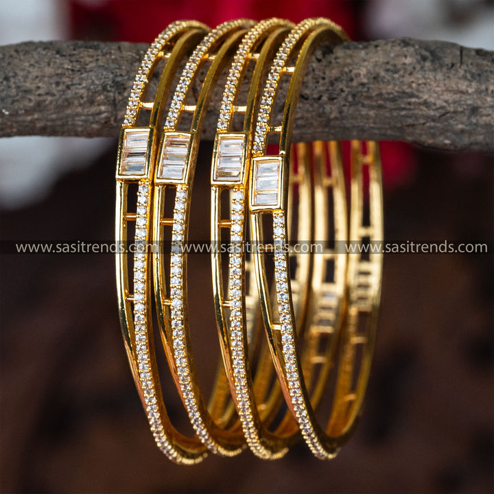 Stylish Micro Gold Plated AD Bangles Set: 4 Pieces Floral American Diamond