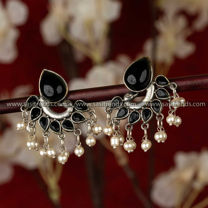 Traditional Oxidised Peacock Designer Black Stone Pearl Earrings Navarathiri Special Elegance