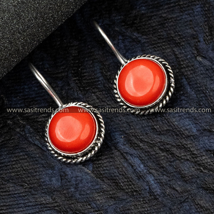 Traditional Oxidized German Silver Earrings Circular Pattern Monalisa Stone Red Earrings