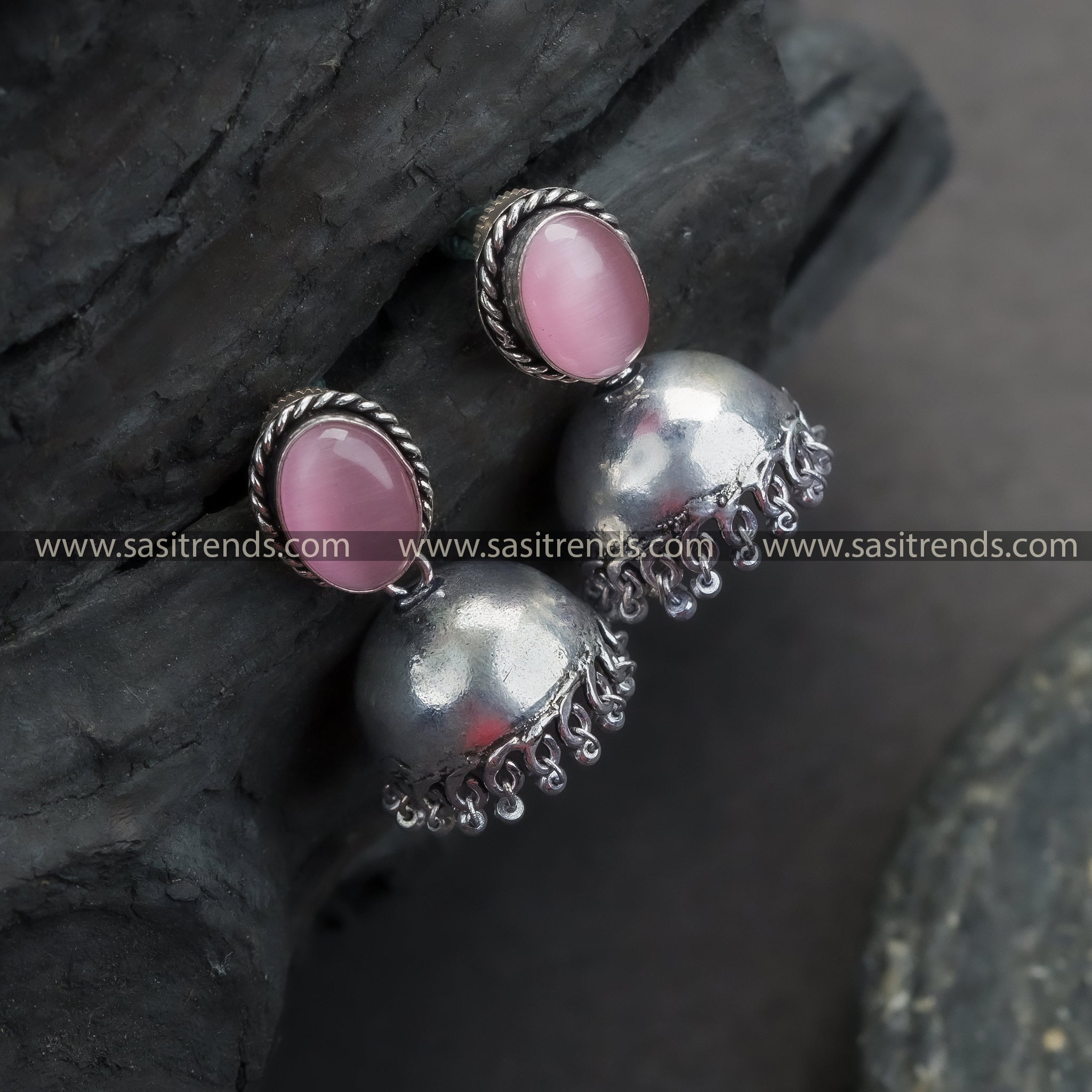 Trendy Traditional Oxidized German Silver Jhumka Earrings with Oval Monalisa Stone | Sasitrends - Sasitrends