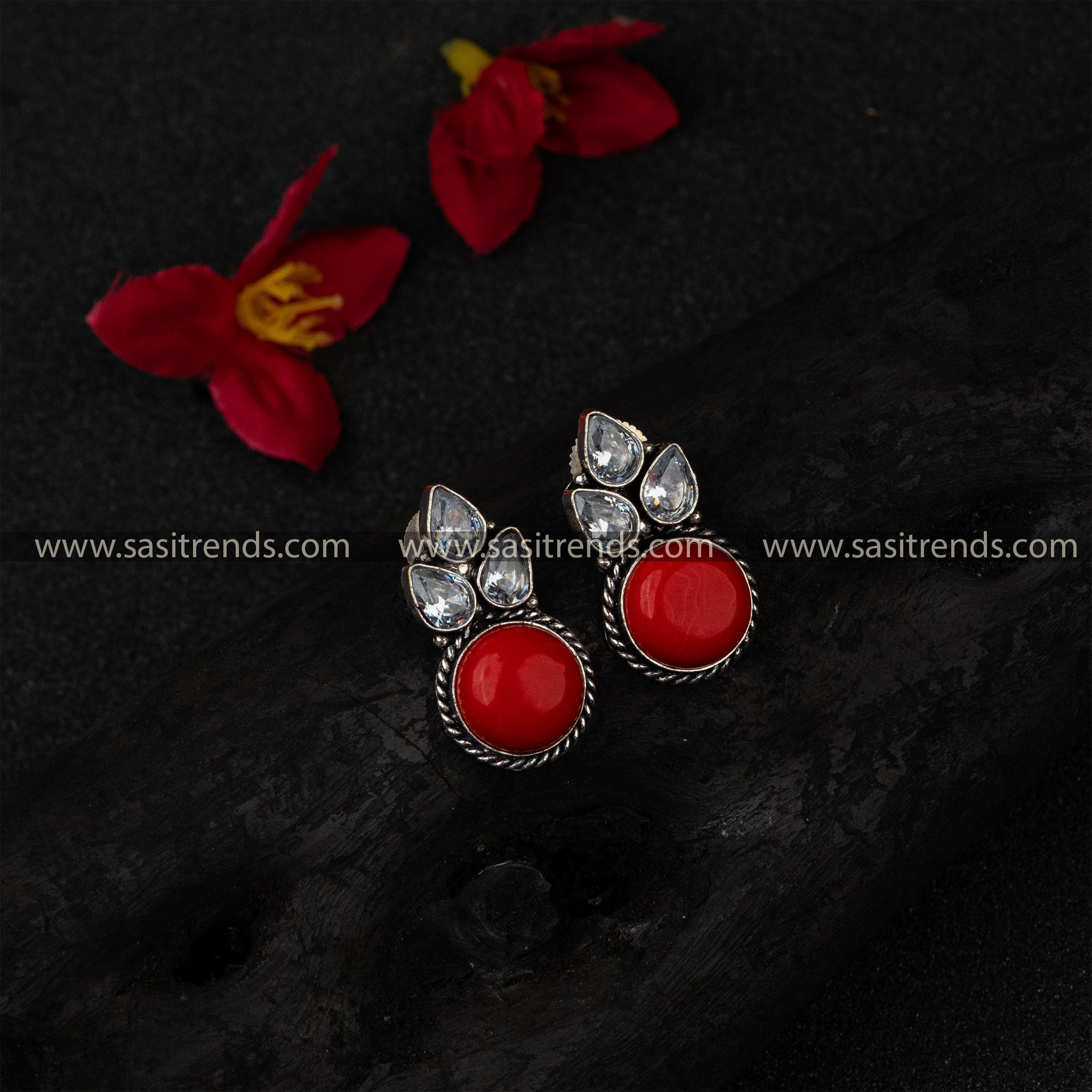 Traditional Oxidized German Silver Three AD Earrings