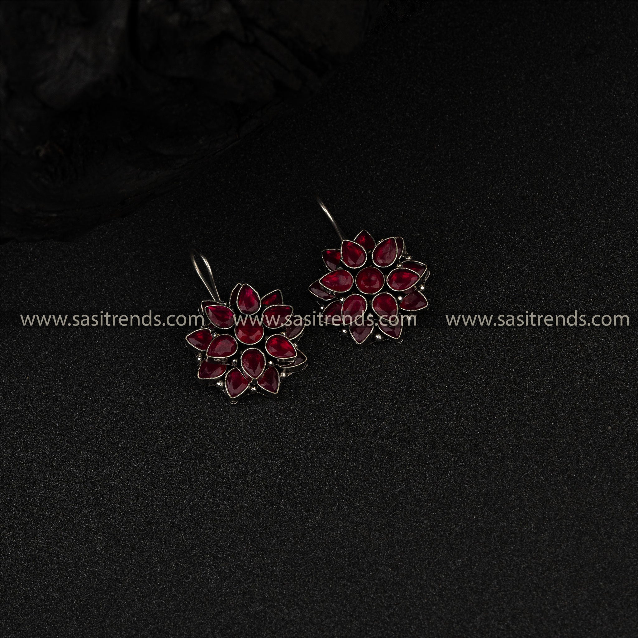 Traditional Oxidized German Silver Three AD Earrings