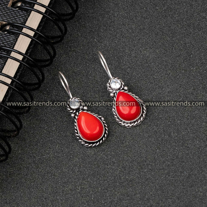 Traditional Oxidised German Silver Water Drop Designer Fish Hook AD Stone Monalisa Stone Studded Earrings