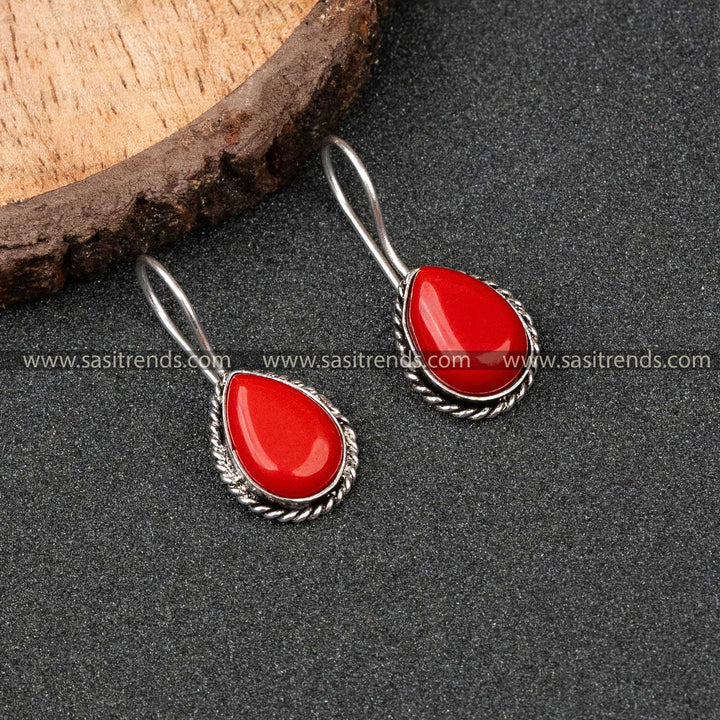 Traditional Oxidised German Silver Water Drop Monalisa Stone Earrings 