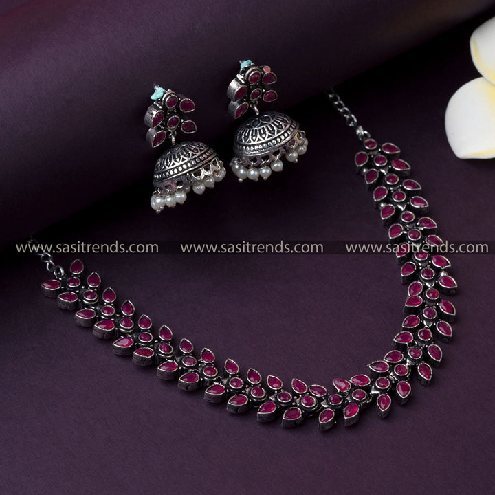 Oxidised German Silver Necklace with Ruby Stones and Pearl Jhumkas - Ideal for Weddings, Parties