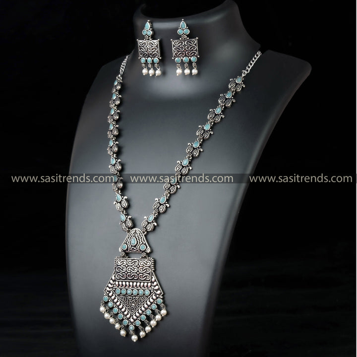 Tribal Pendant Necklace Set with Mint Stones and Pearl Drops - Fashion-Forward Oxidised German Silver Jewelry for a Party Look