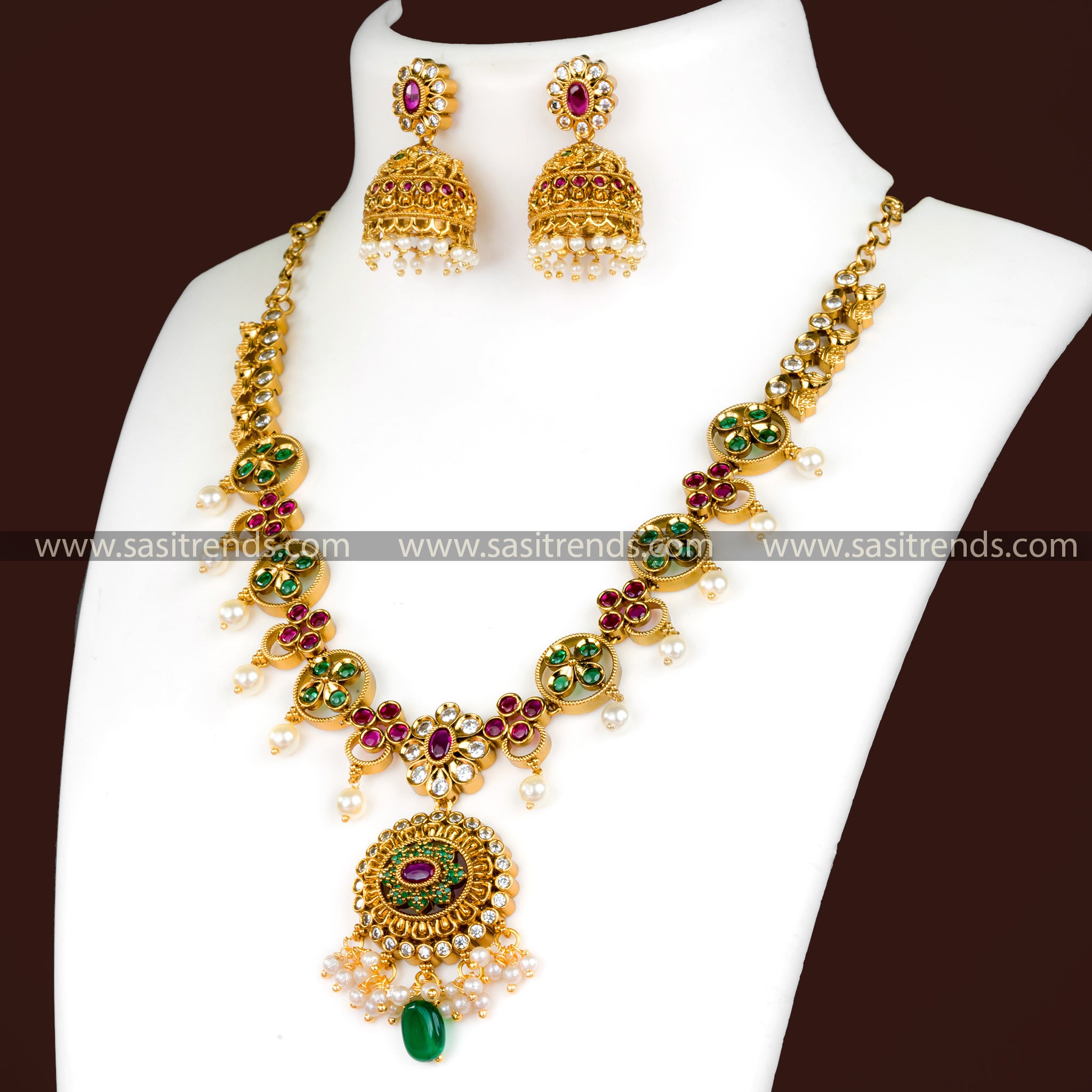 Matte Gold Necklace Set with Multi-Colored Stones - Floral Pendant, Jhumkas, AD Stones, Hanging Pearls