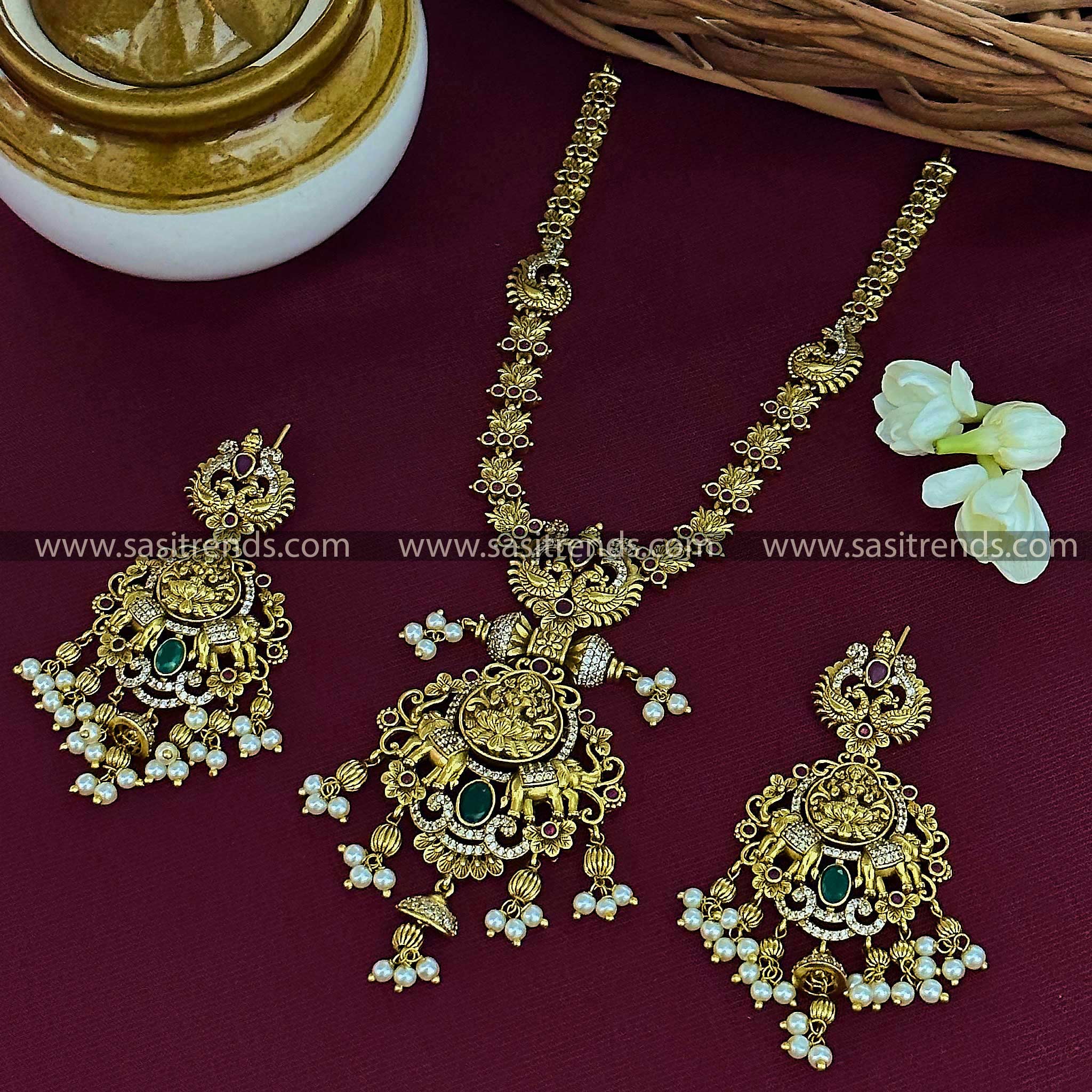 Premium AD Stone Peacock Lakshmi Necklace Bridal Set