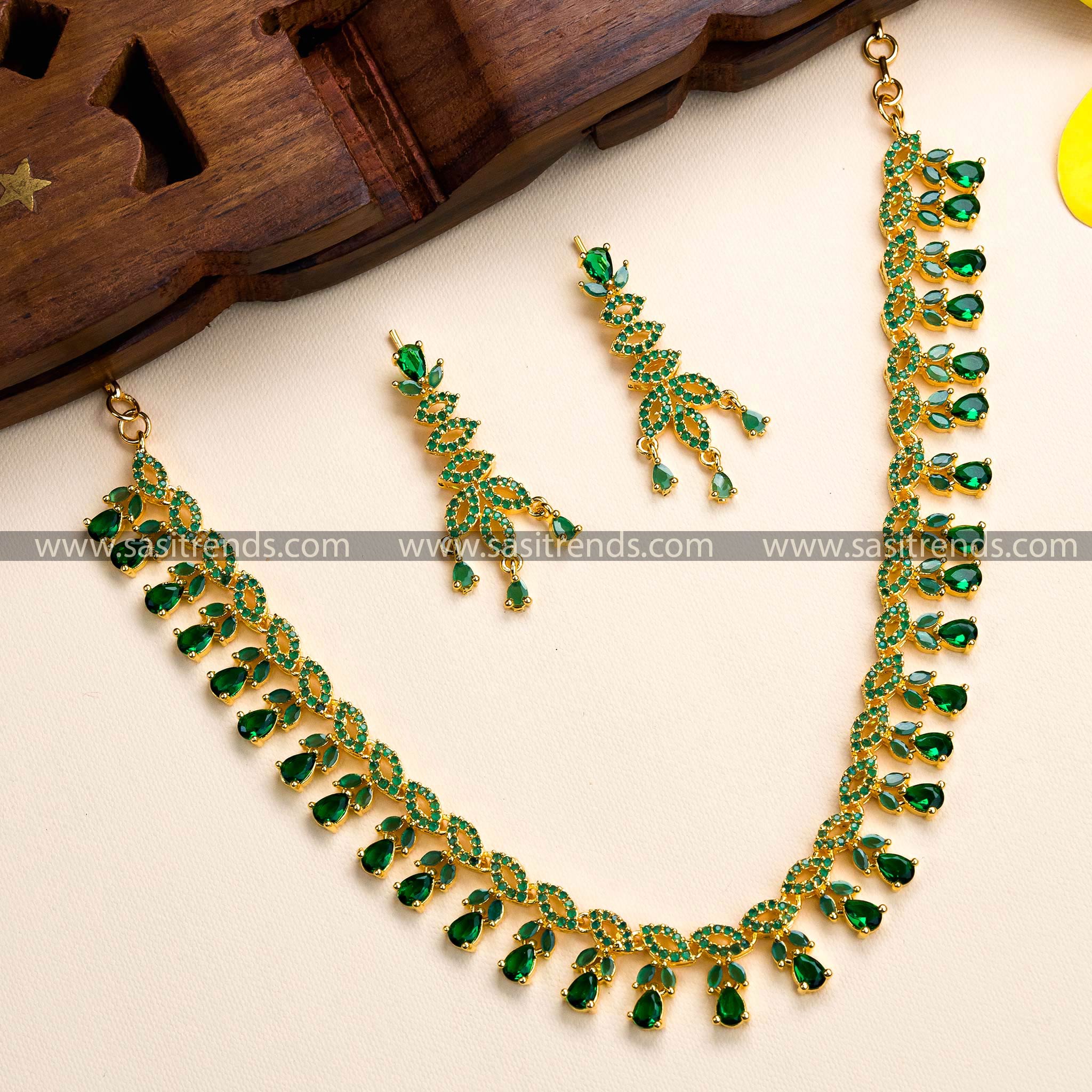 Traditional Traditional Wear Micro Gold Plated AD Stones Leaf Designer Jewellery Set