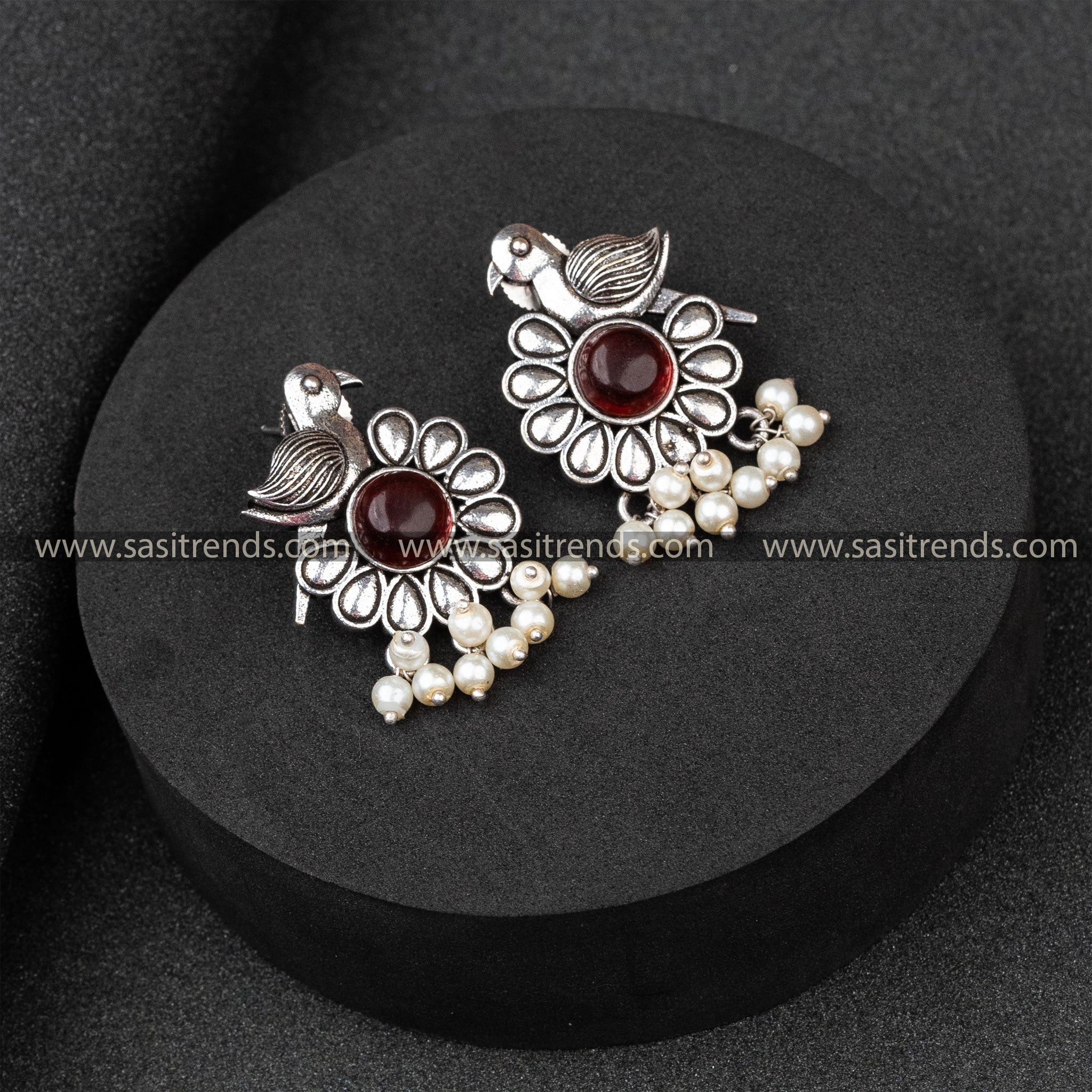 Traditional Wear Oxidised German Silver Parrot Designer Pearls Round Monalisa Stone Studded Vinous Earrings