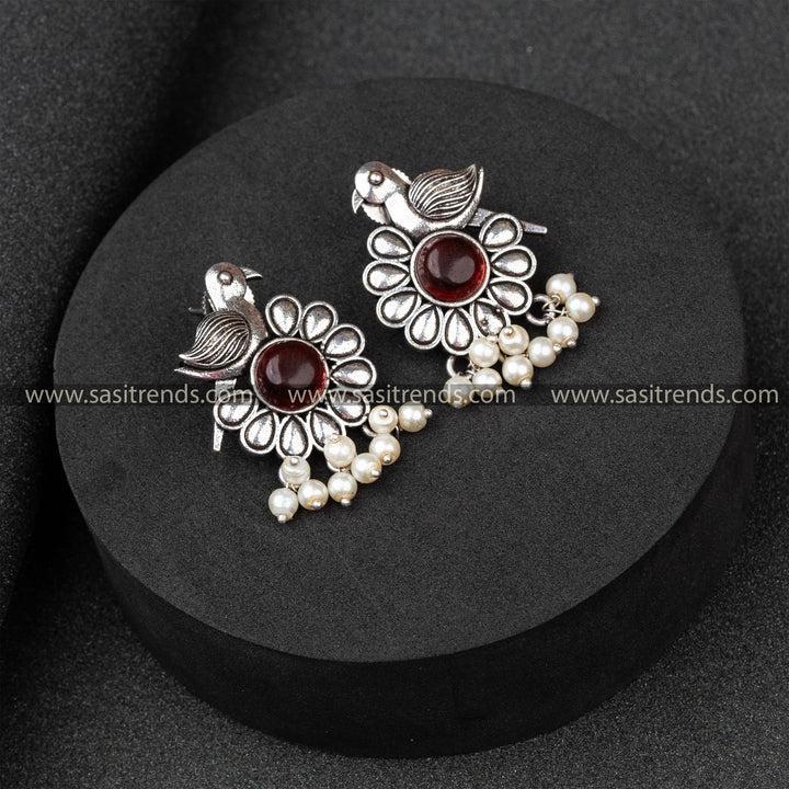 Traditional Wear Oxidised German Silver Parrot Designer Pearls Round Monalisa Stone Studded Vinous Earrings