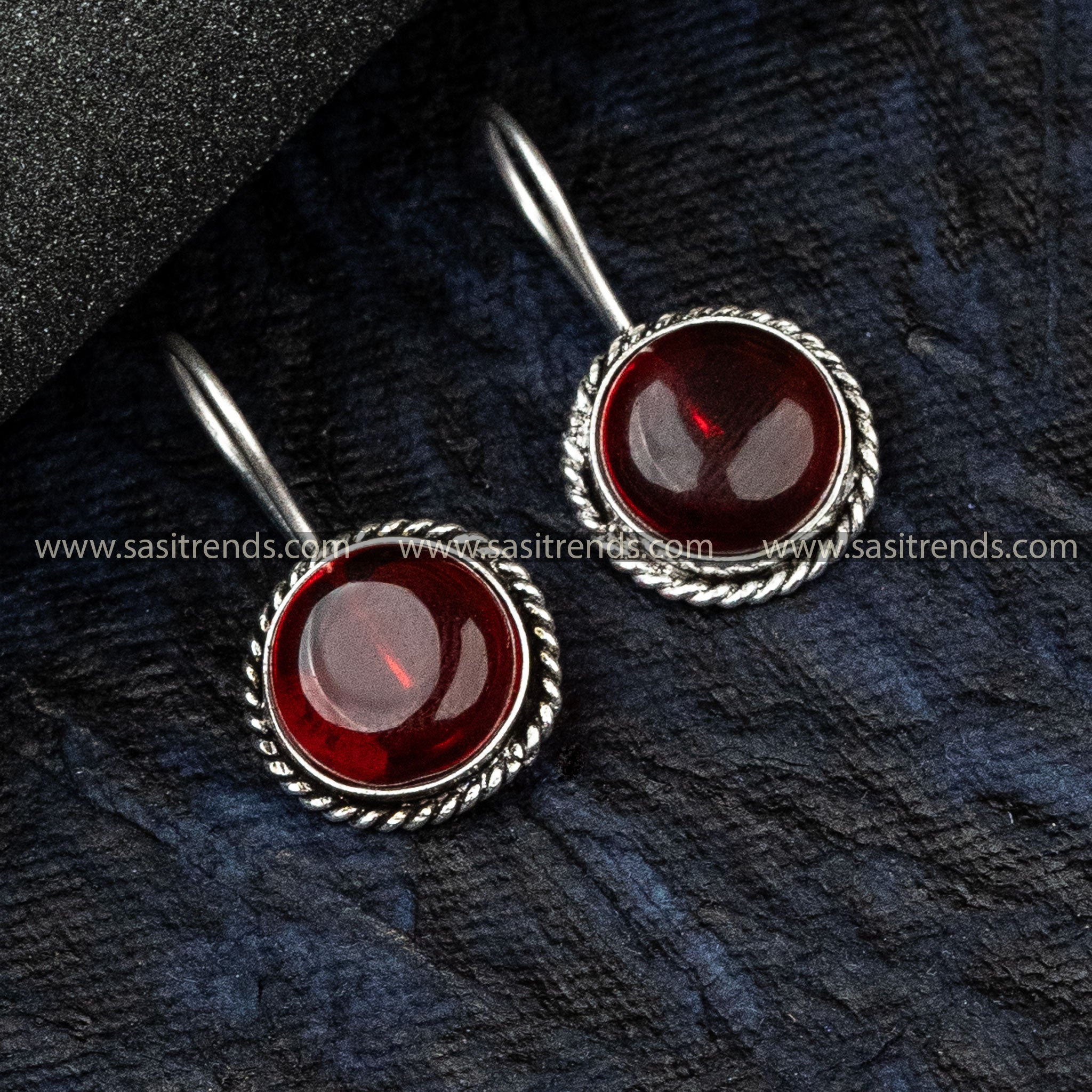 Traditional Wear Oxidised German Silver Earrings Circular Pattern Monalisa Stone Vinous Earrings