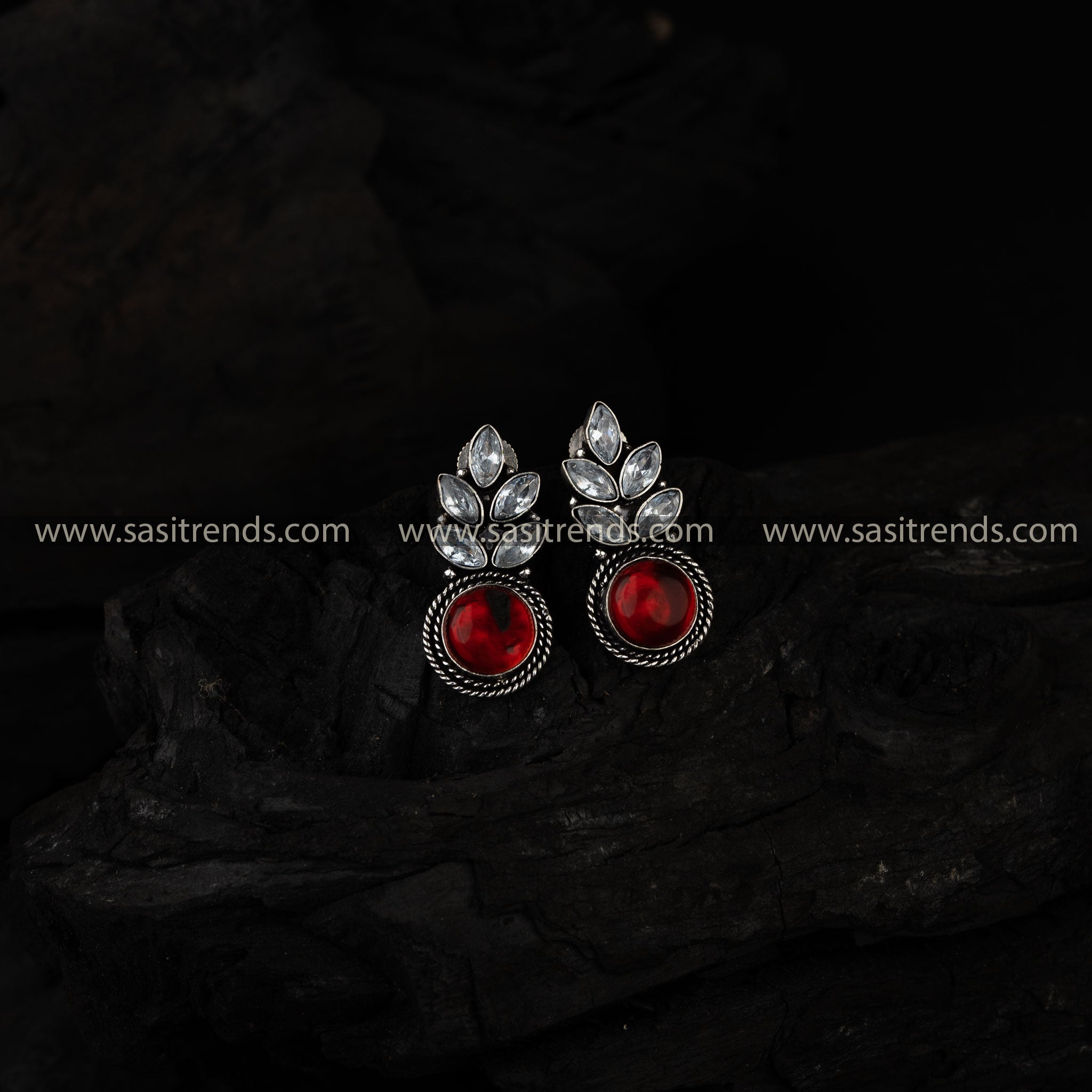 Traditional Wear Oxidised German Silver Five AD Earrings 