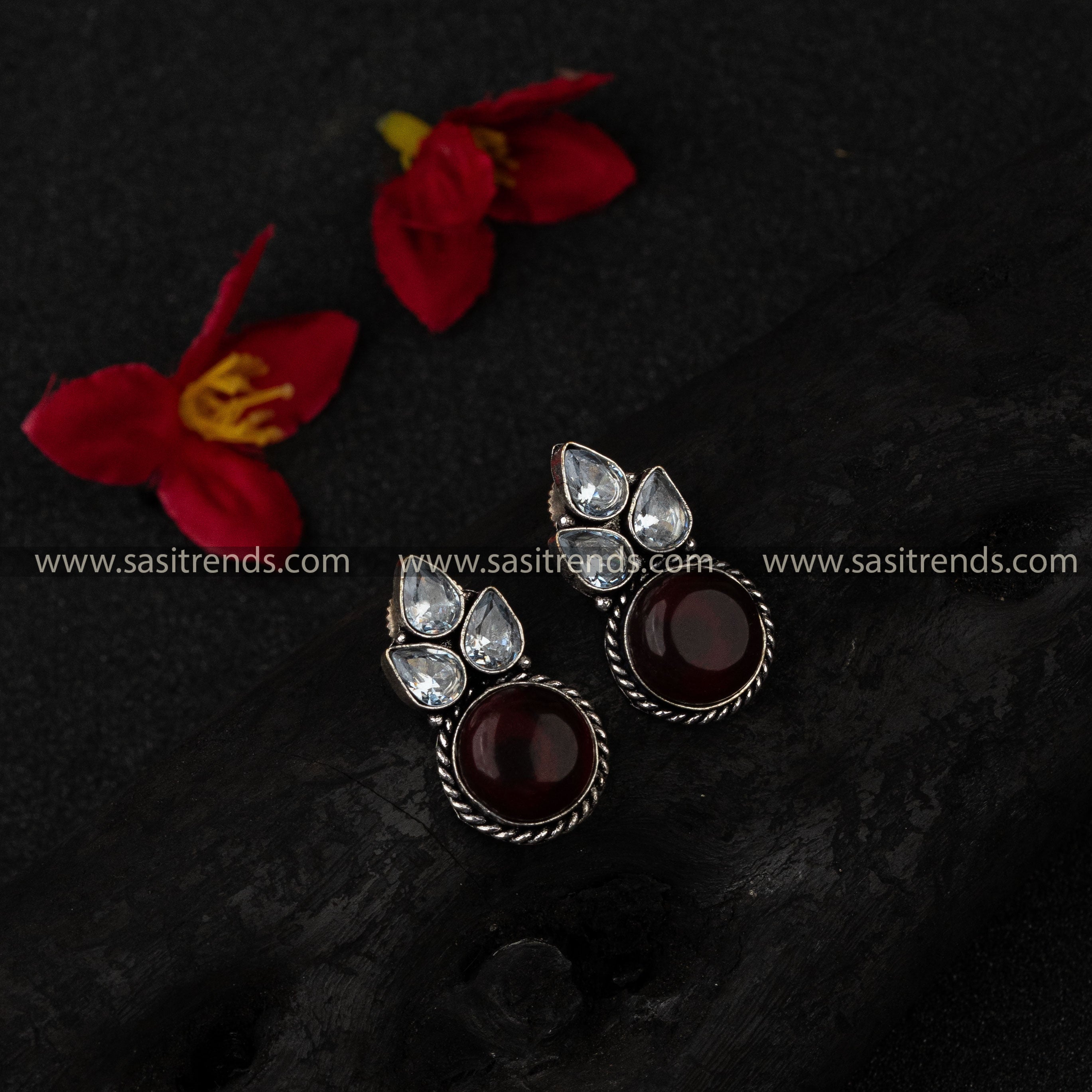 Traditional Wear Oxidised German Silver Three AD Stone Earrings