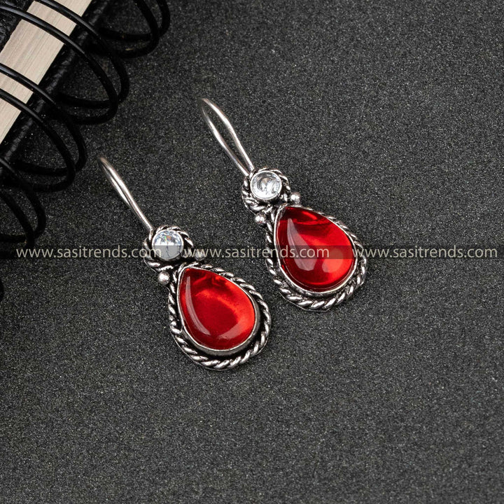 Traditional Wear Oxidised German Silver Water Drop Designer Fish Hook AD Stone Monalisa Stone Studded Earrings