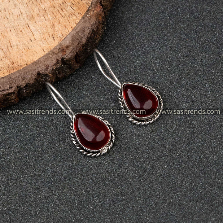 Traditional Wear Oxidised German Silver Water Drop Monalisa Stone Earrings 