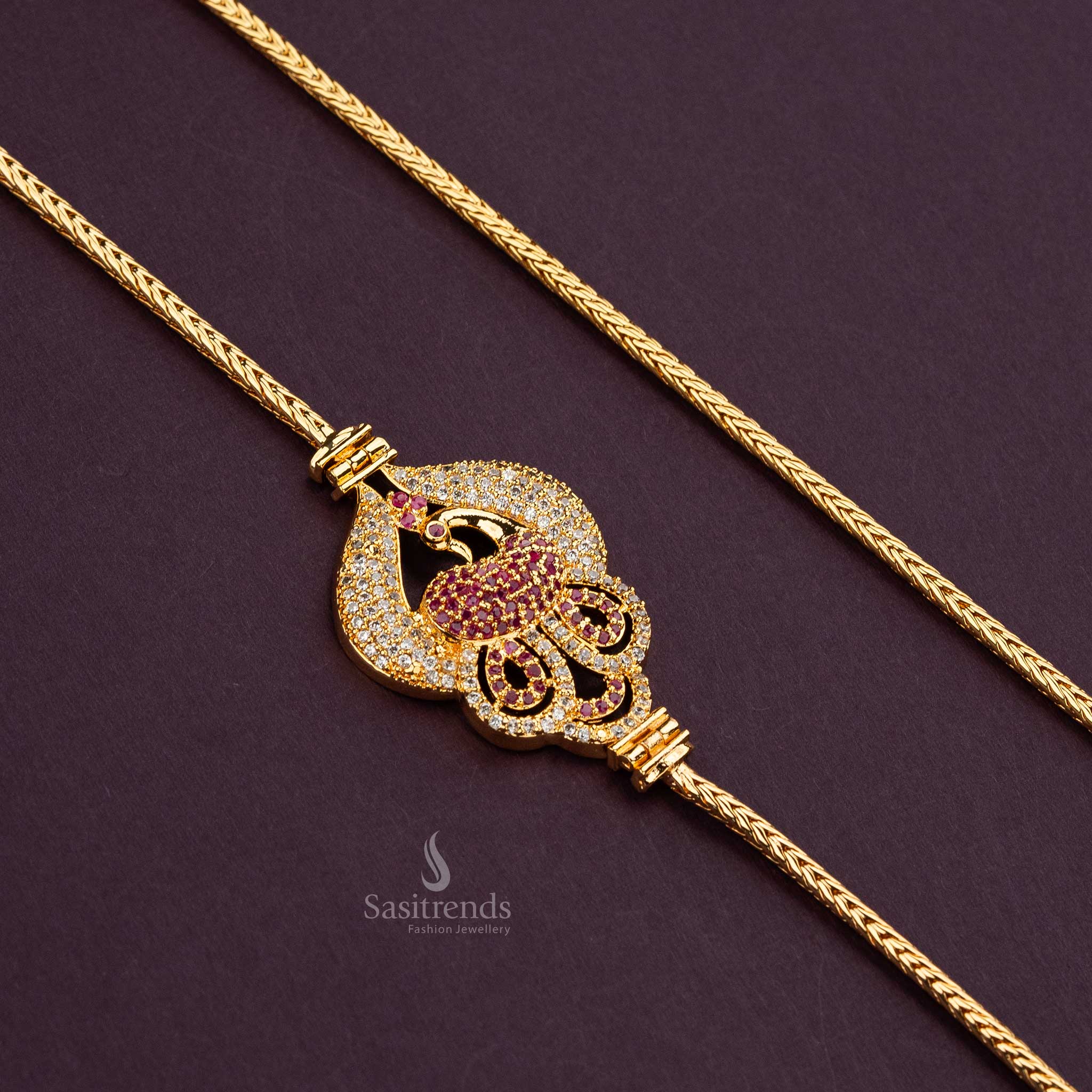 Elegant White-Ruby Peacock Mugappu Chain in micro gold plated finish, guaranteed for durability and design - Sasitrends