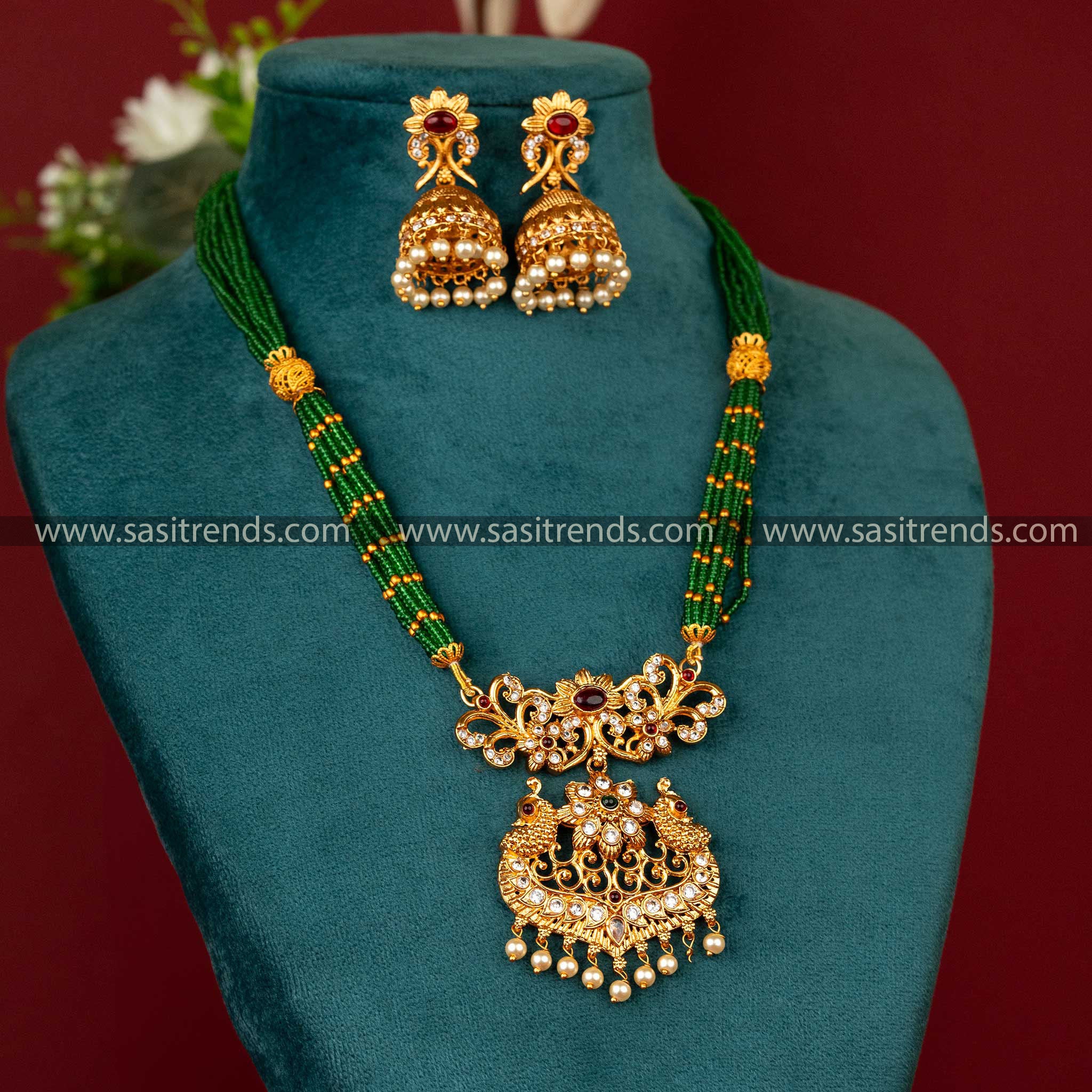 Sasitrends | Classic Matte Gold-Plated Beaded Jewellery Set with Multi-Color Stone Peacock Pendant - Sasitrends