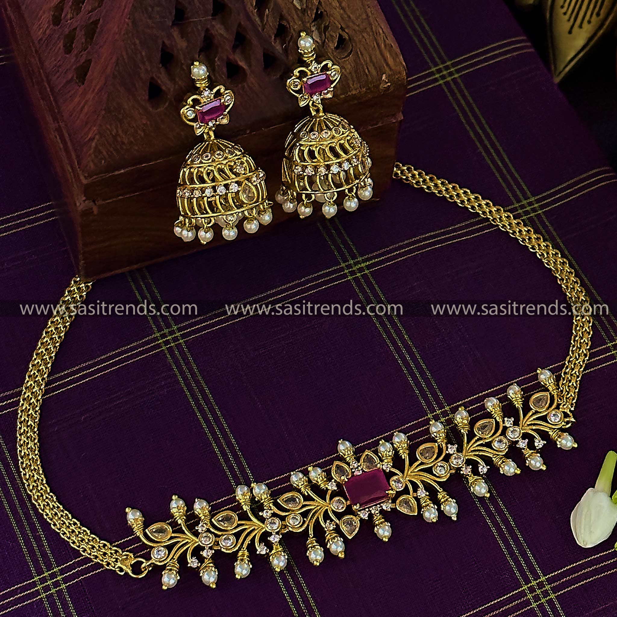 AD Flower Leaf Pearl Jhumki Choker Set