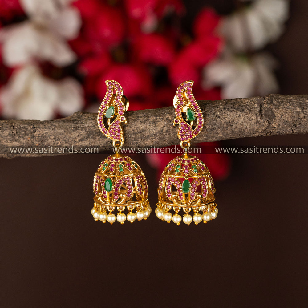 Traditional Ruby Green Matt Gold Plated Peacock Designer Earrings