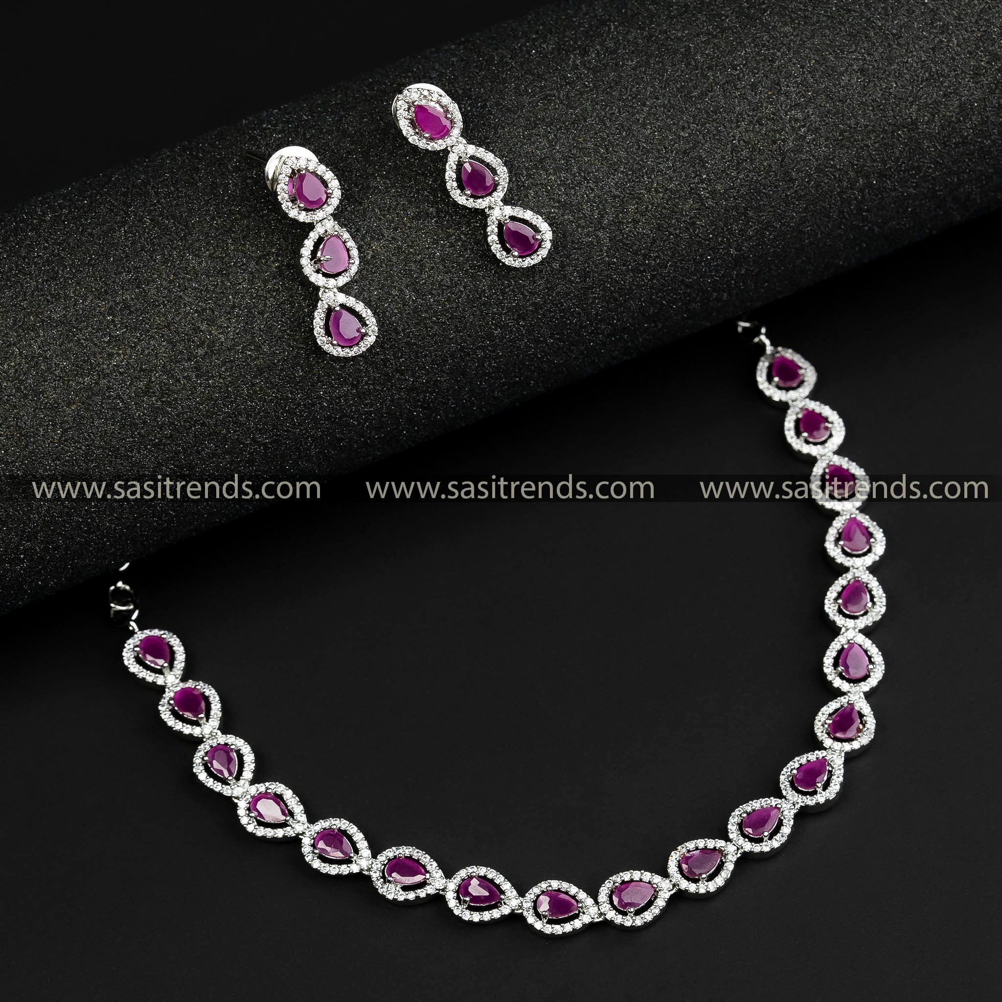 Elegant Rhodium Silver Necklace Set with Ruby Color Stones and Sparkling AD Stones