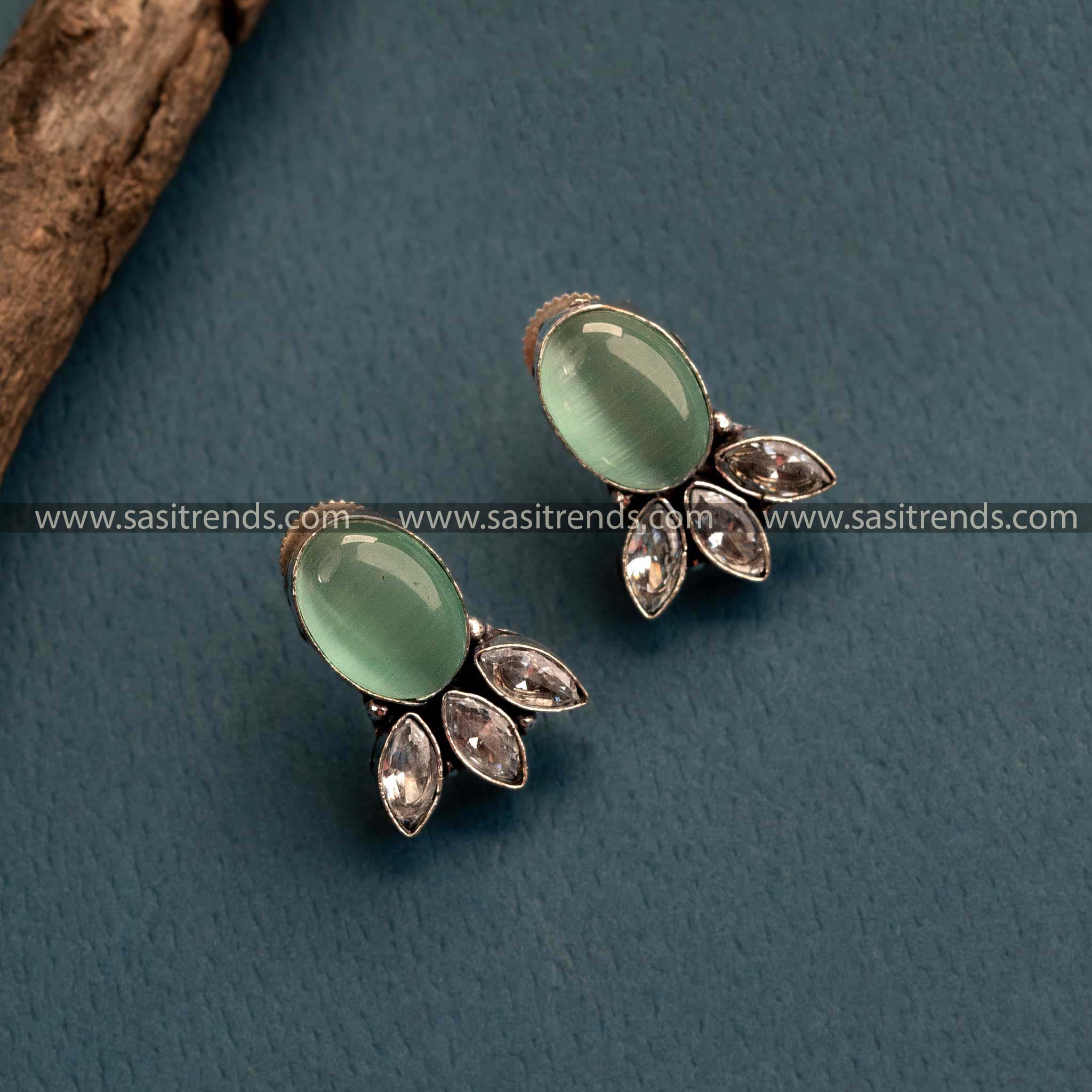 Chic Mint Stone Oxidized German Silver Stud Earrings – Amazing Office Wear with Monalisa and AD Stones