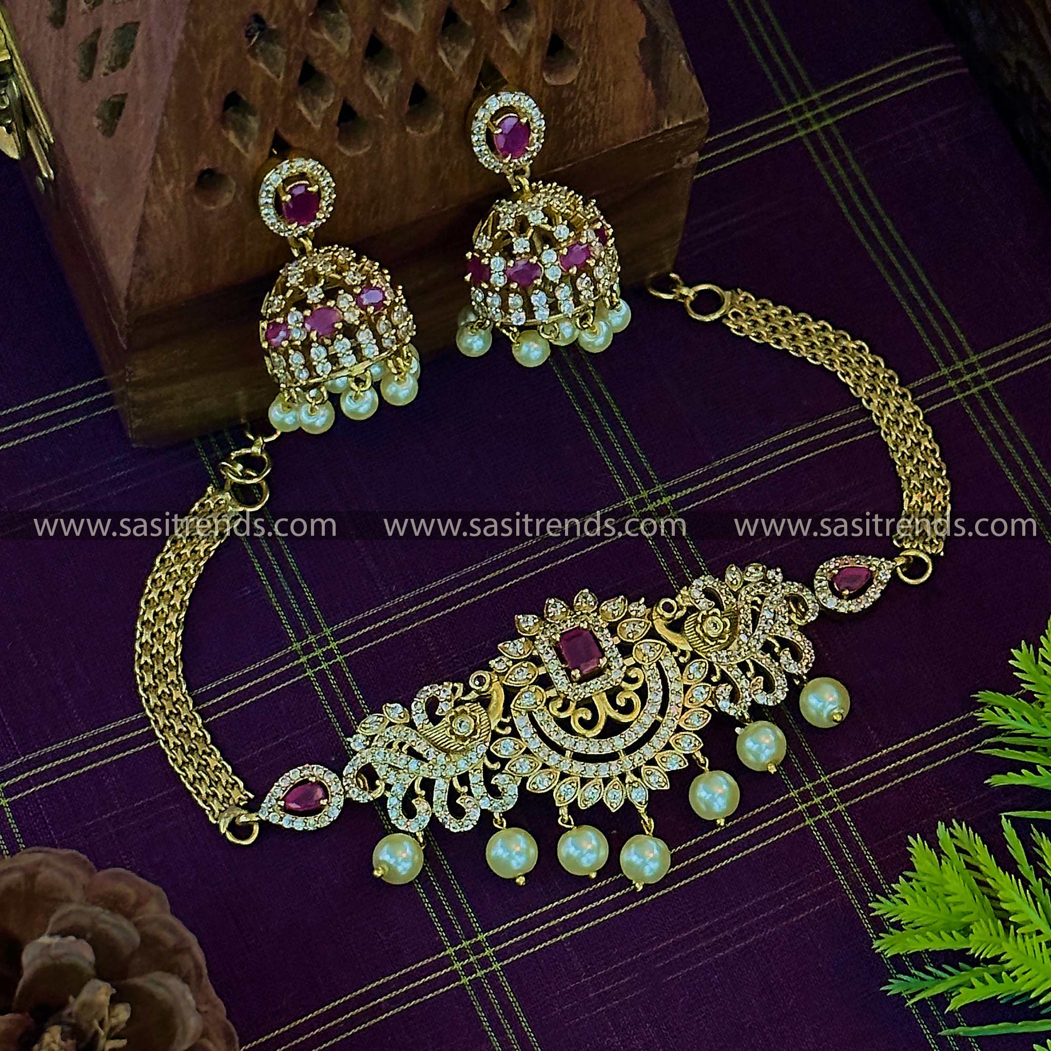 Gorgeous Peacock Motifs Temple Gold Plated Pearl Choker Ruby American Diamond Necklace Set