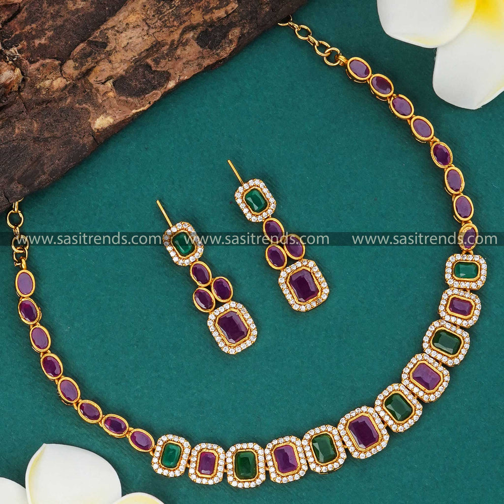 Elegant Temple Gold Plated Choker Necklace Set with American Diamond Stones