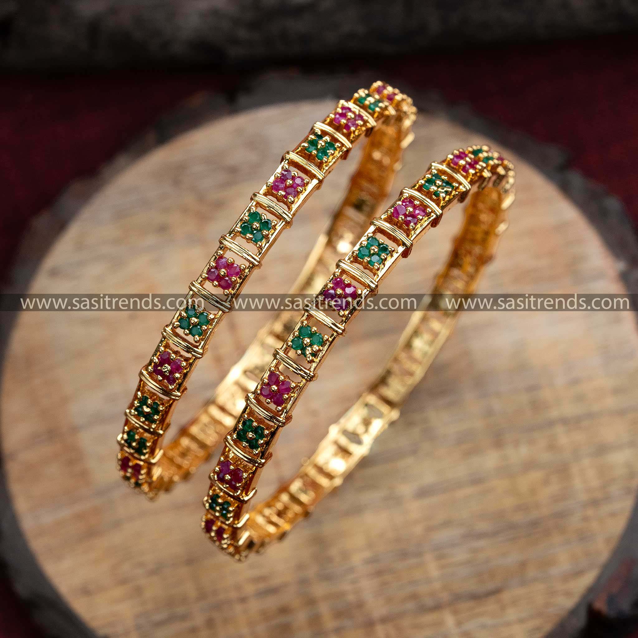 Stylish Traditional Micro Gold Plated Bangle Pair with Ruby-Green Floral Design