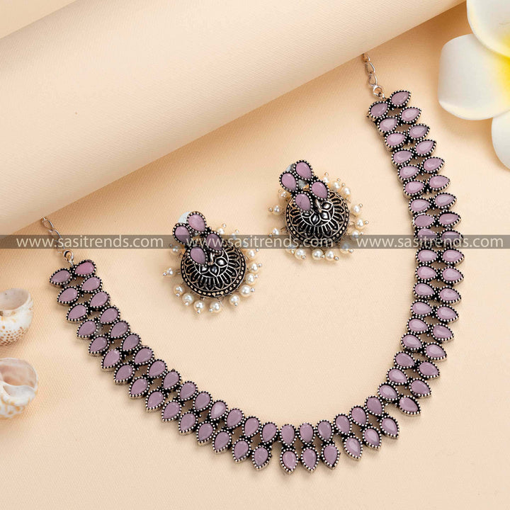 Chic Oxidised German Silver Necklace & Pearl Jhumkas with Pink Stone Accents - Graceful Statement Jewelry