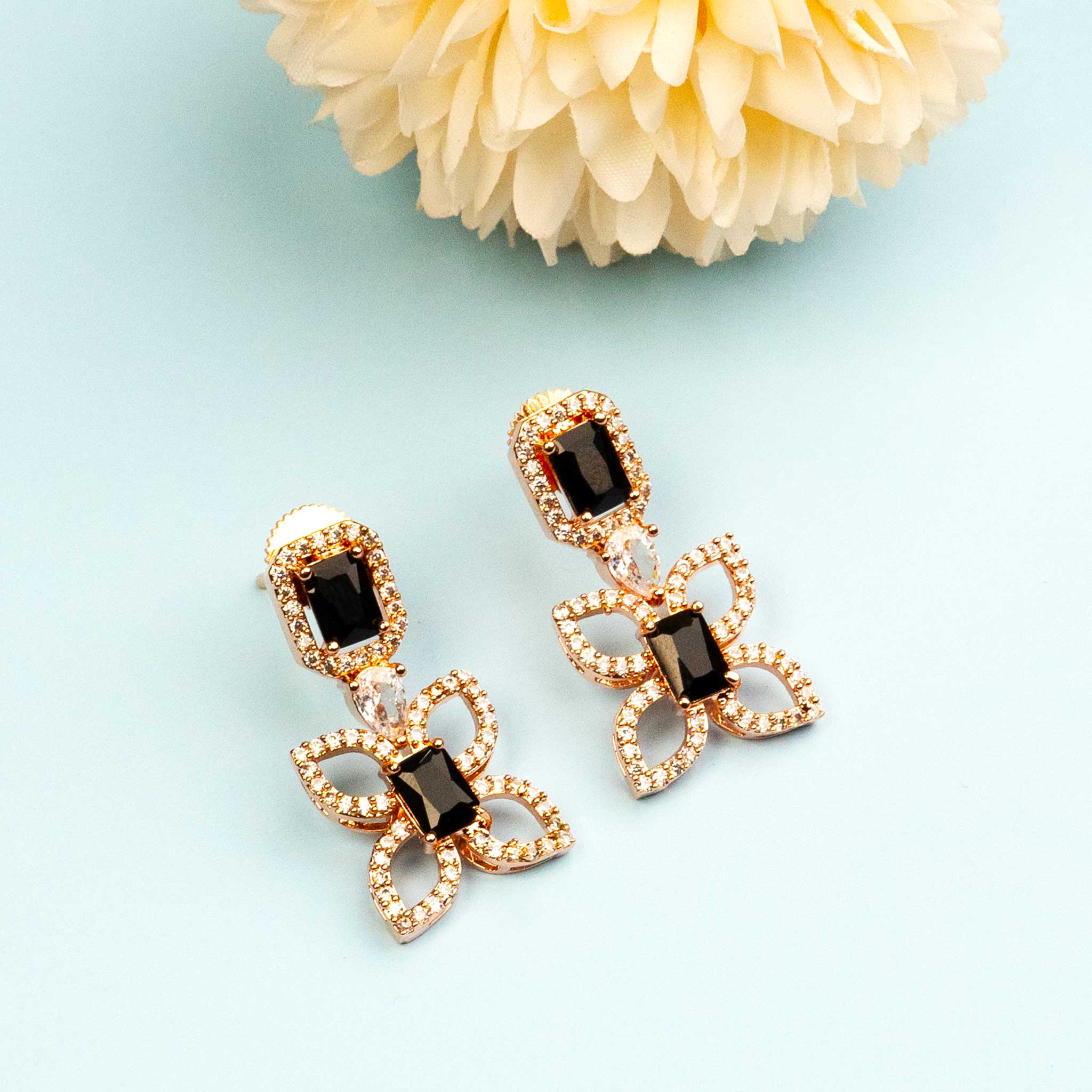 Mysterious Rose Gold Plated Black Earrings with American Diamond Stones