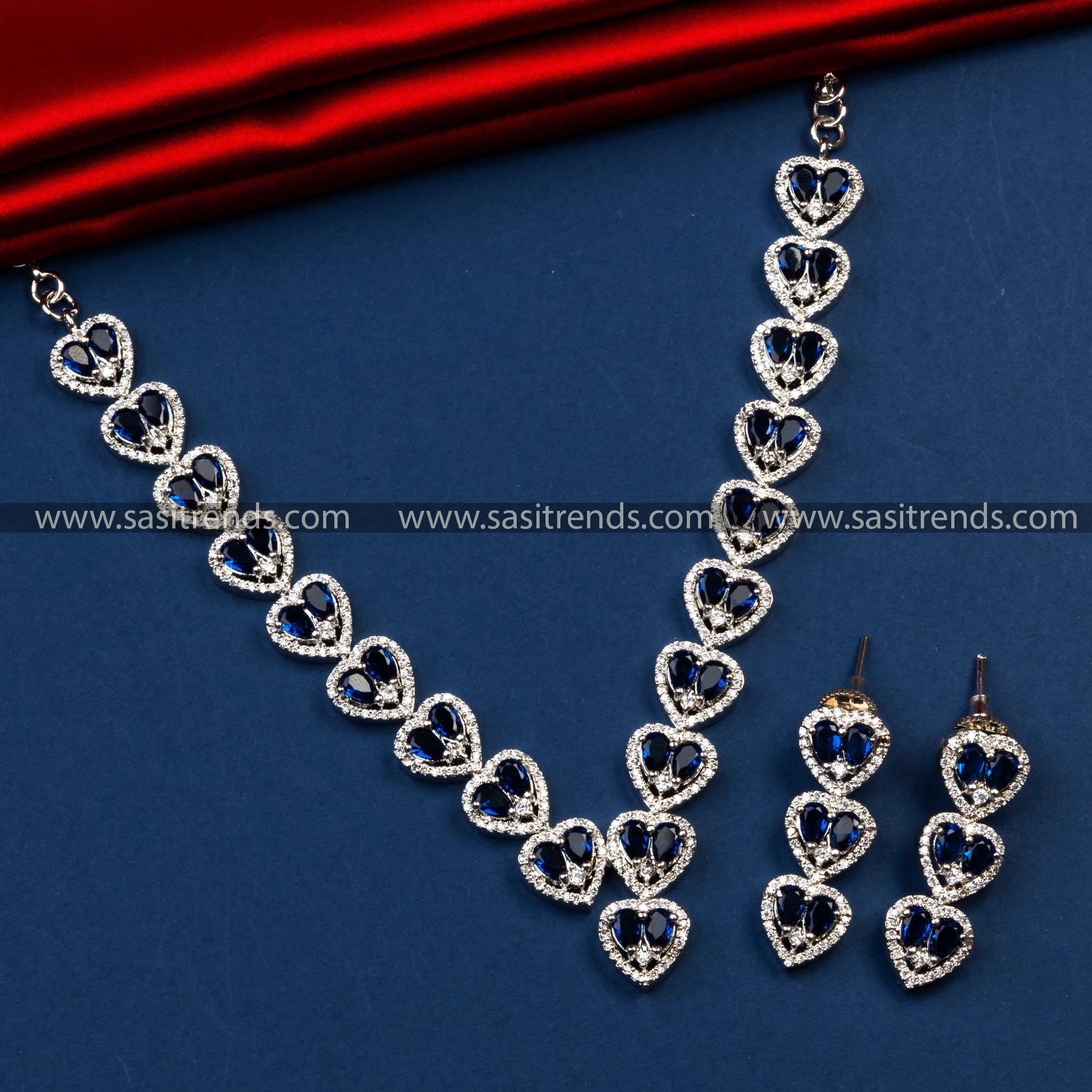 Stunning Party Wear Rhodium Silver Plated Heart Motif AD Necklace with Earrings | Sasitrends - Sasitrends