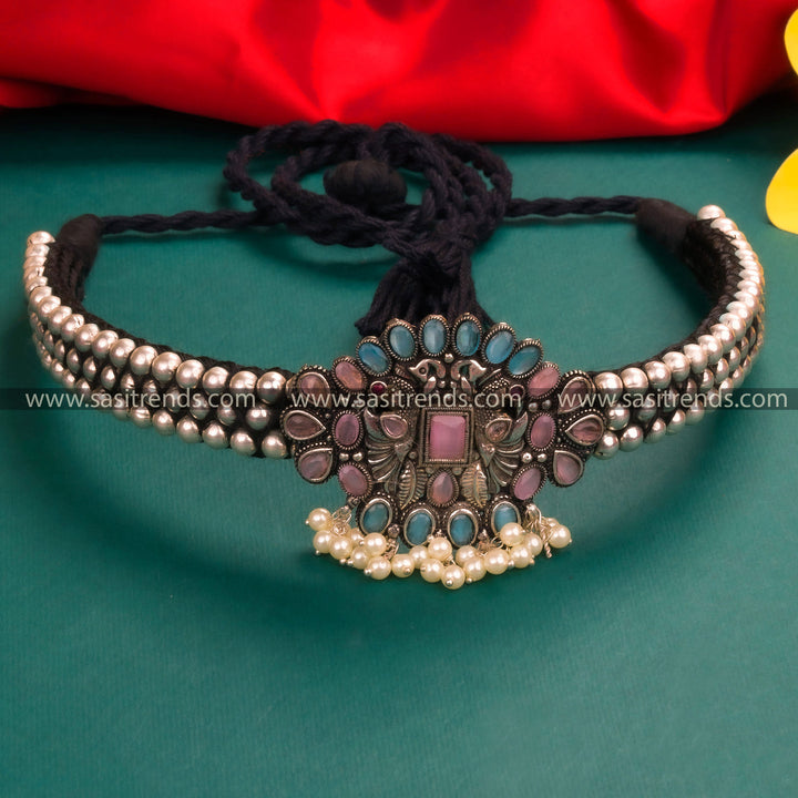 Diwali Special Kolhapuri Oxidized German Silver Floral Pendant Choker Necklace in Blue-Pink - Pearls and Stones