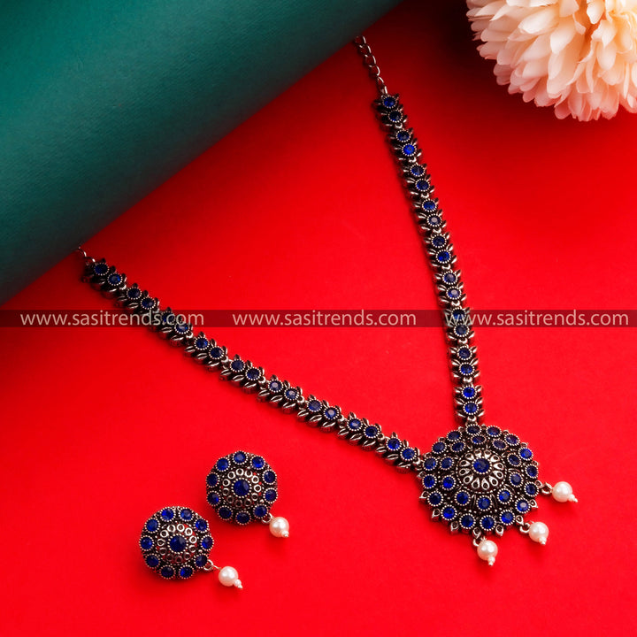 Navrathri Special Oxidised German Silver Floral Pendant Necklace with Earrings & Pearls for Women - Sasitrends