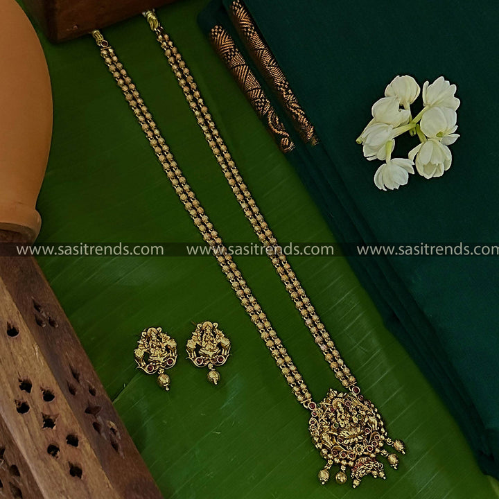 Latest Temple Matte Gold Plated Long Jewellery Set with Two-Layered Bead Lakshmi Elephant Pendant Set | Sasitrends