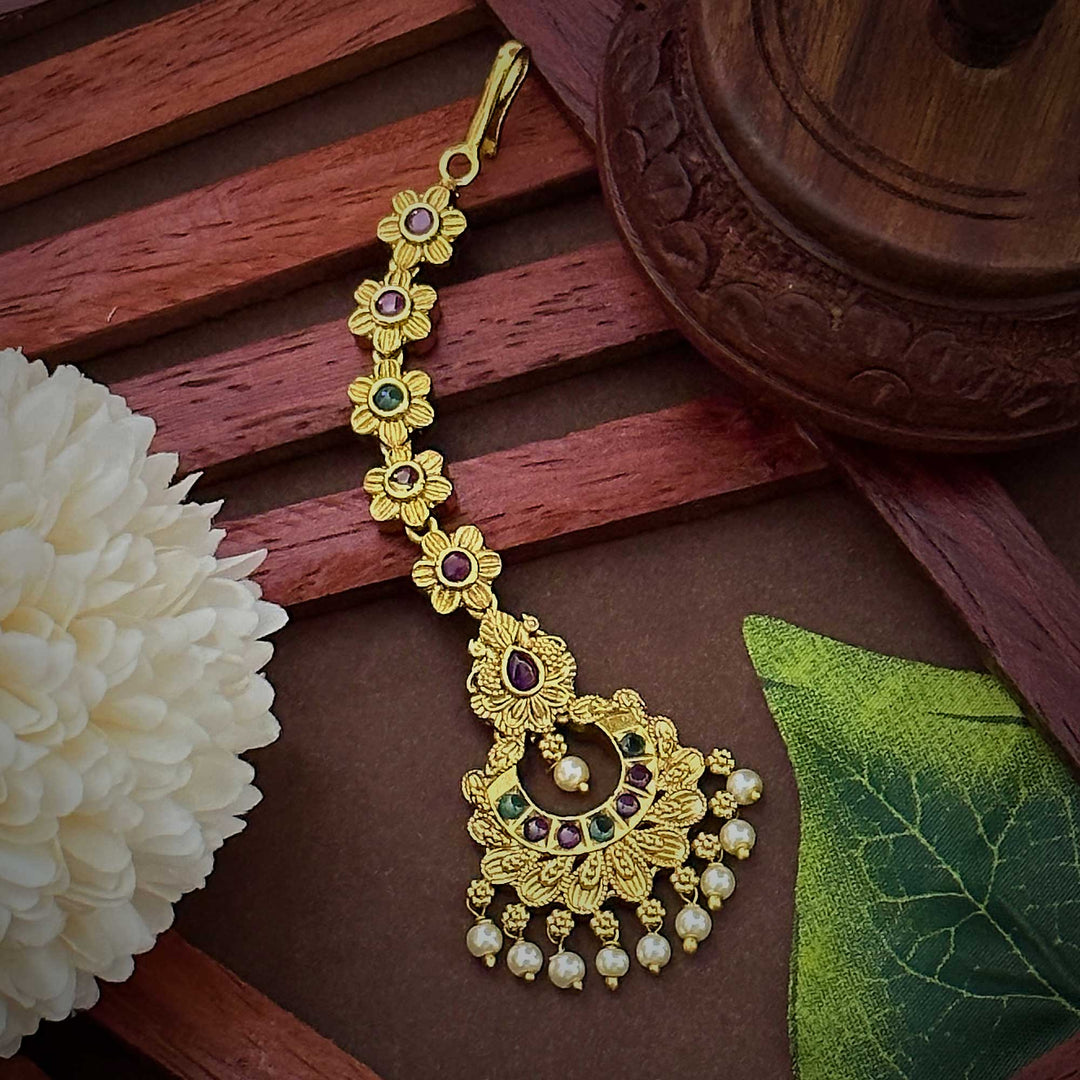 Temple Gold Bridal Maang Tikka with Chandbali Floral Motif and Ruby-Green American Diamond Stones