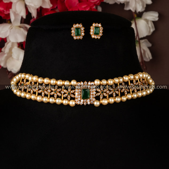 Classic Temple Wear Matt Gold Plated Green White Rectangle Choker Pearl Necklace set