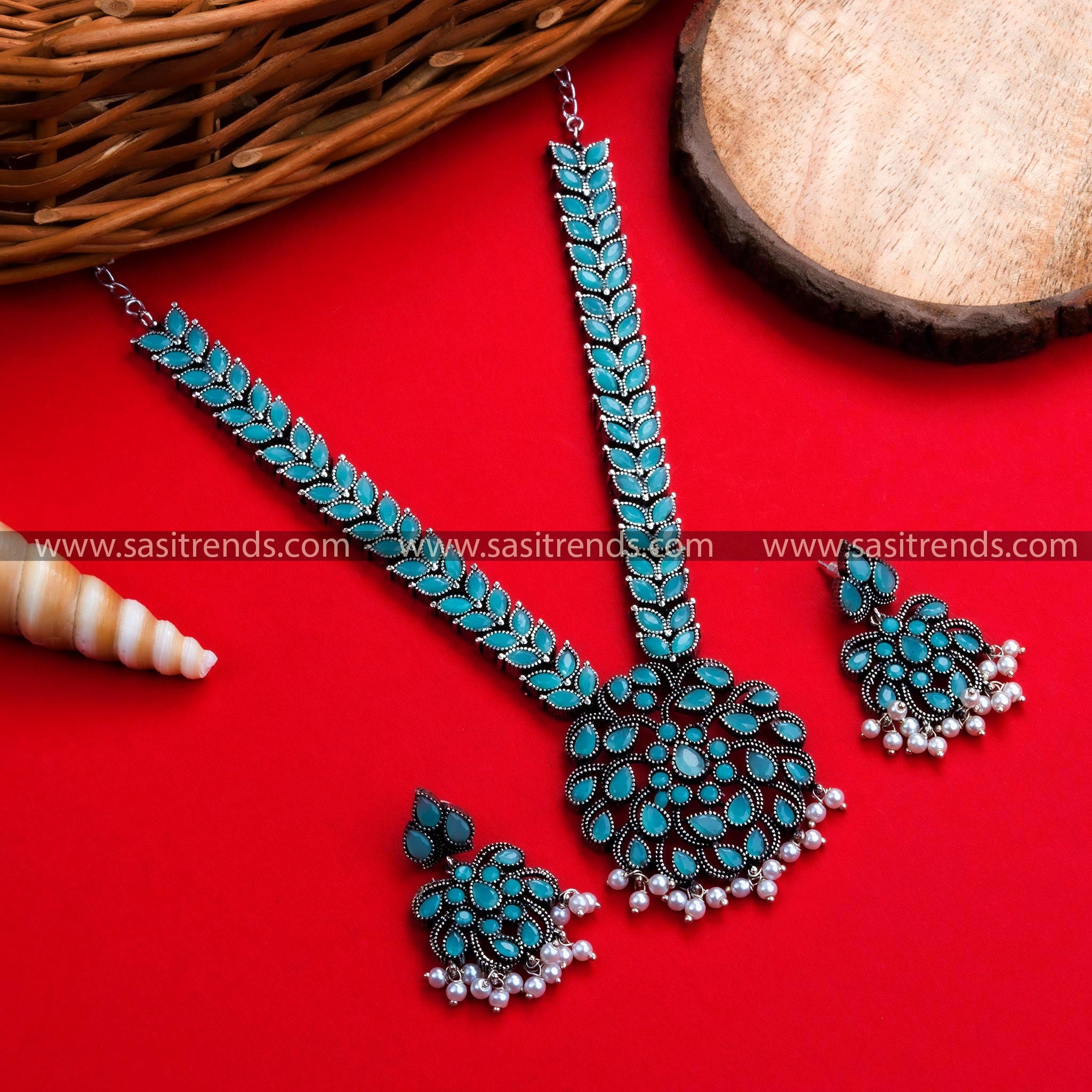 Enchanting Navrathri Special Oxidized German Silver Floral Pendant Necklace with Mint Stones