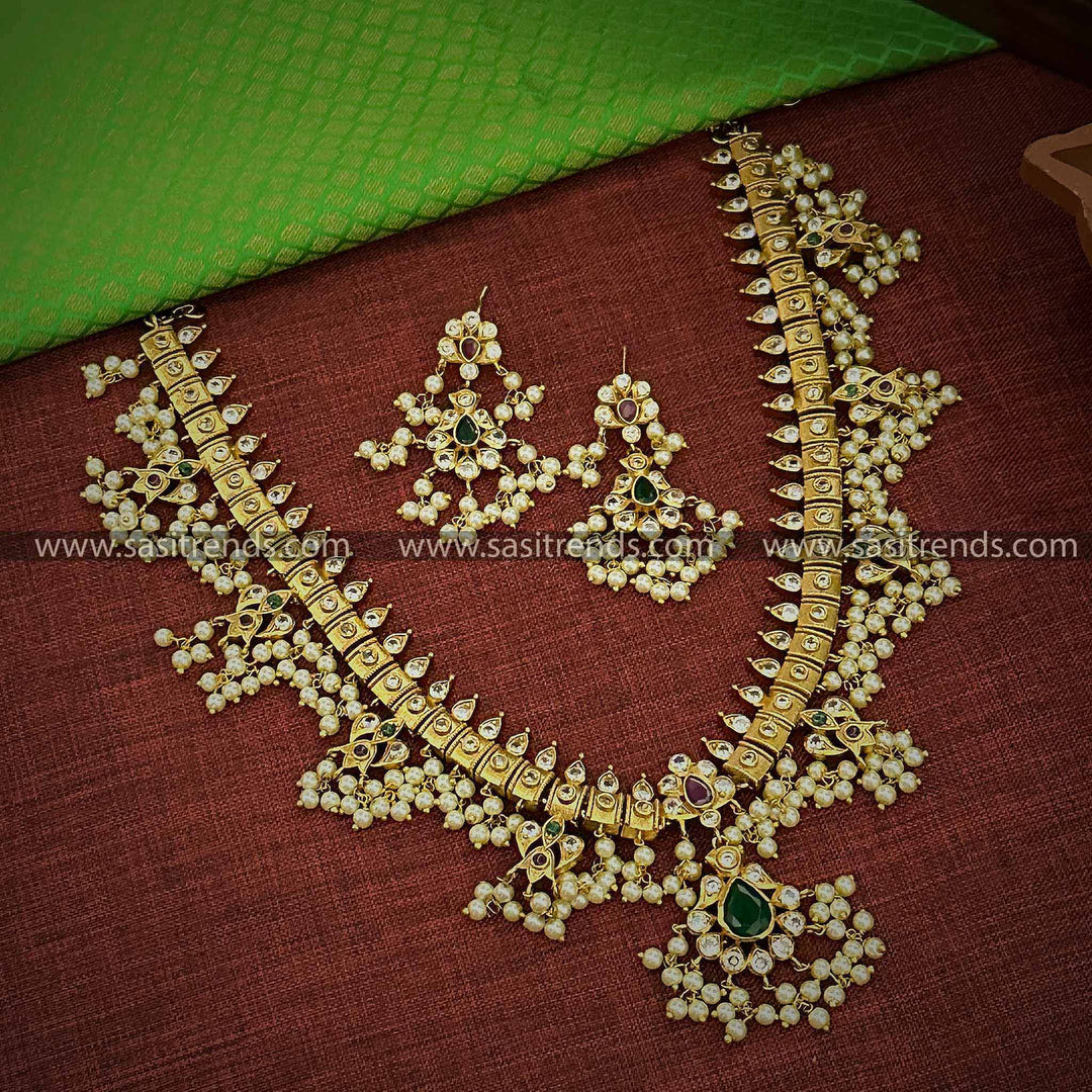 Traditional Bridal Temple Gold Plated Pearl Necklace Set with Earrings - Matte Gold & American Diamonds