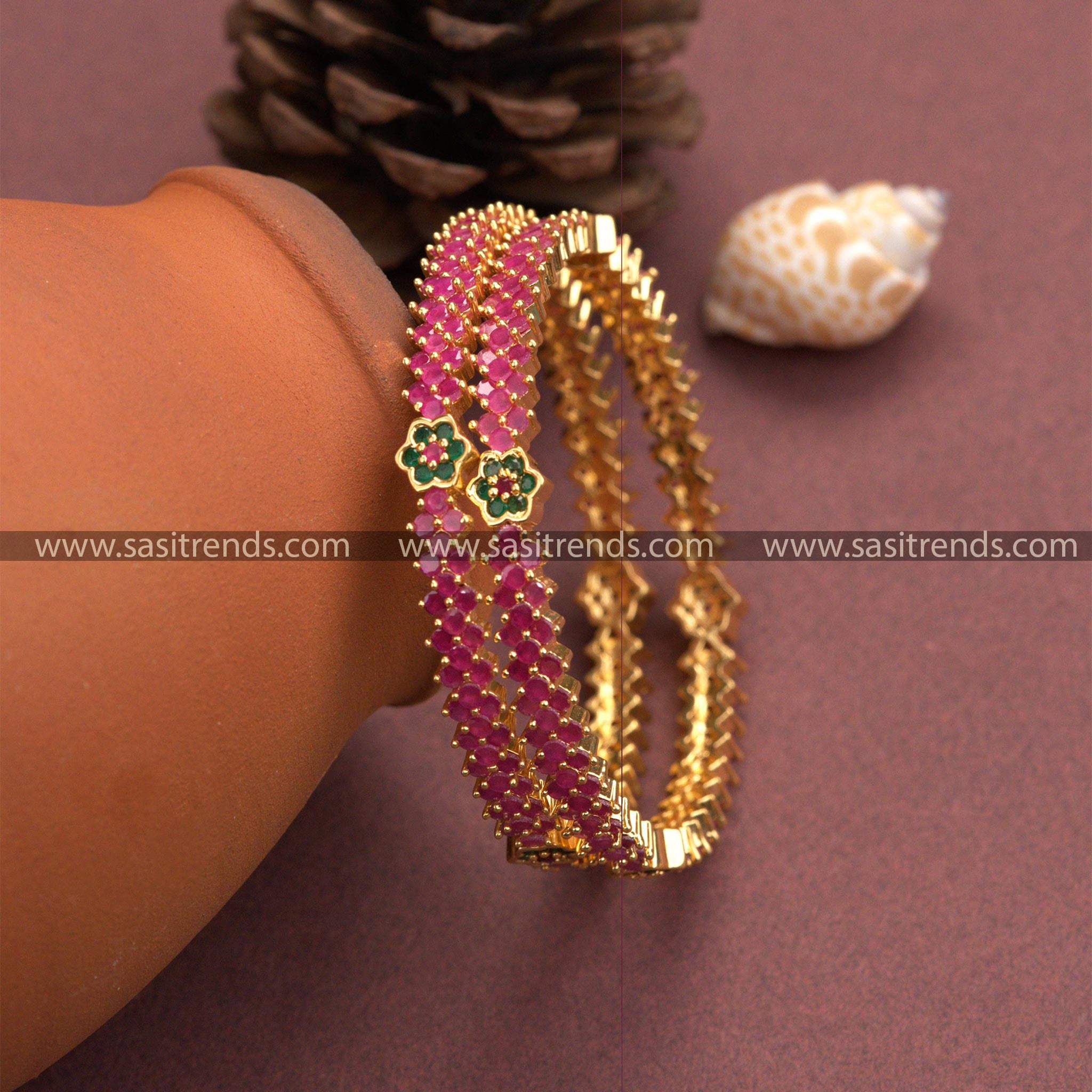 Gorgeous Ruby-Green Micro Gold Plated Bangles with Ruby-Green American Diamond Stones