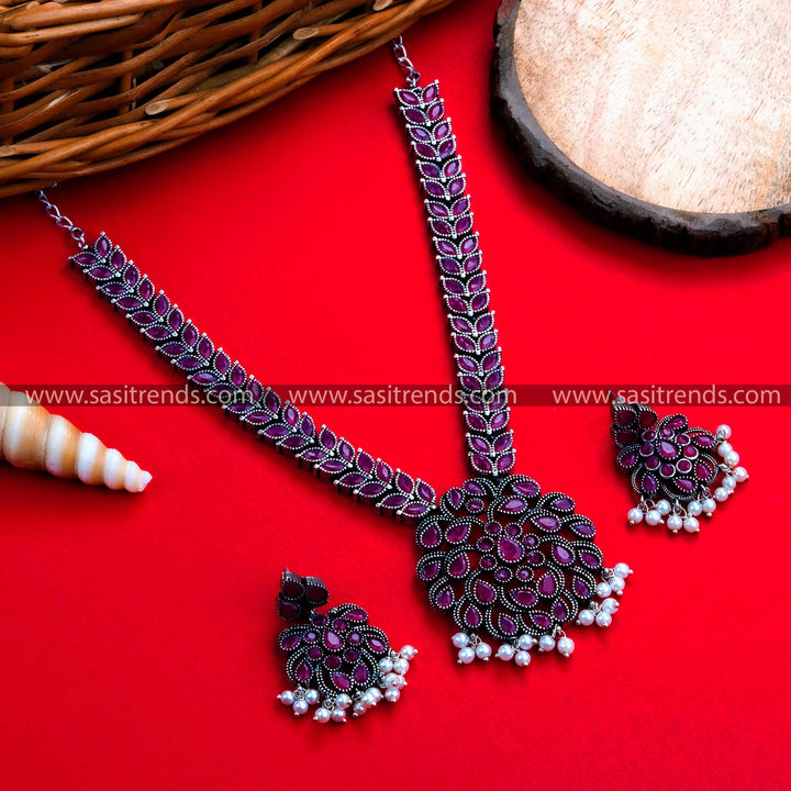 Navrathri Special Oxidized German Silver Floral Pendant Necklace with Ruby Stones – Latest Ethnic Jewelry for Festive Occasions Online