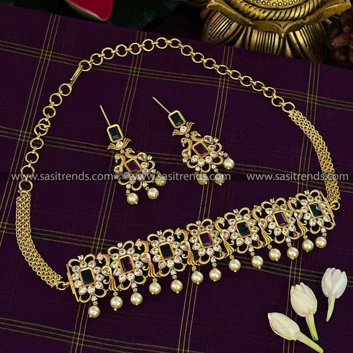 Stunning Temple Gold Plated Peacock Choker Necklace with Ruby-Green Stones and Earrings