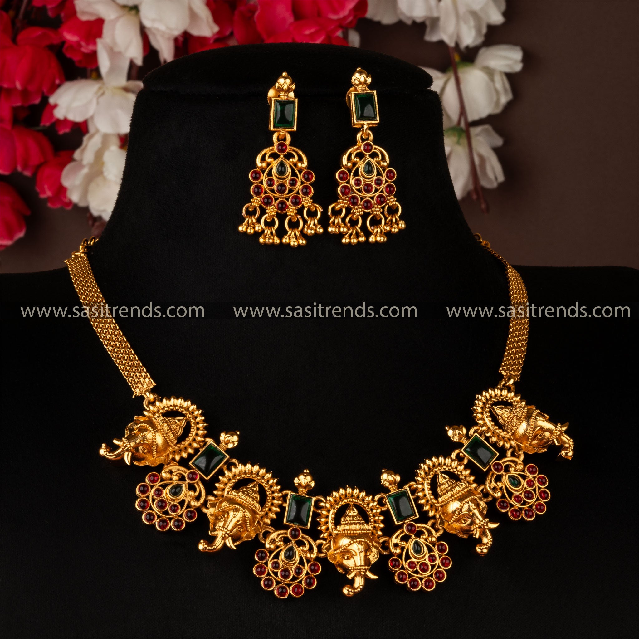 Trendy Vinayagar Matt Gold Tone Choker Ruby Green Necklace Jewellery Set